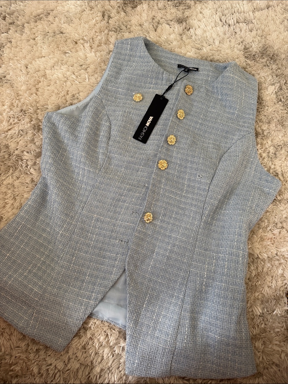 Fashion Nova Light Blue Tweed Sleeveless Button Vest with Gold Buttons